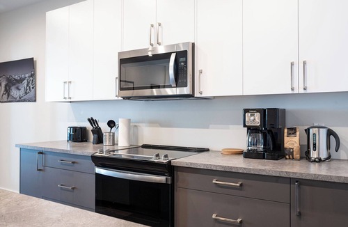 Revelstoke Apartment | Spacious Revelstoke rental near ski hill and downtown, with private hot tub, full kitchen, and comfortable living areas for up to 5 guests.