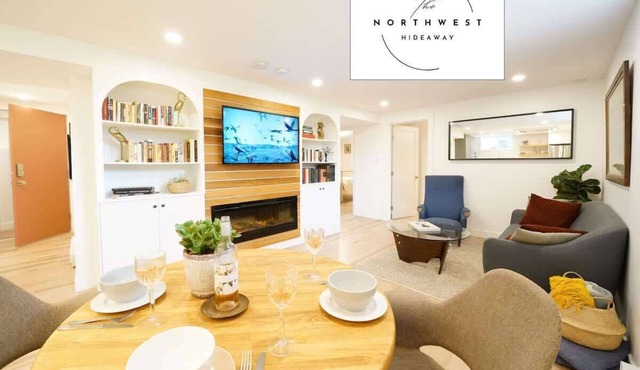 Your modern Northwest Hideaway Suite with cozy fireplace